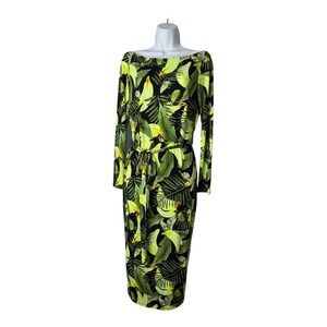 Va Va Voom Maxi Dress Banana Lime Print Long Sleeve Sexy Green Black Size Medium